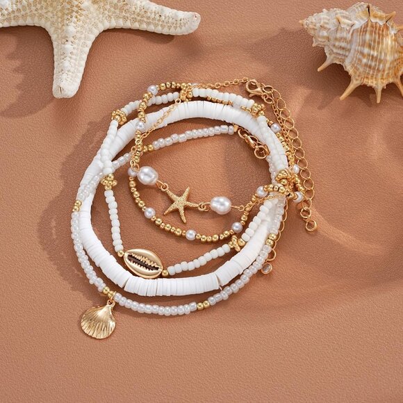 Gift-Ready 5 Pairs Adjustable Boho Anklet Set - Handmade Beach Foot Jewelry - Picture 5 of 7